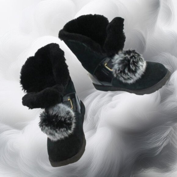 UGG Isley Shearling Lined Pom-Pom Black Shimmer Slip-On Tall Ankle Boot, Size 5 - Picture 3 of 9